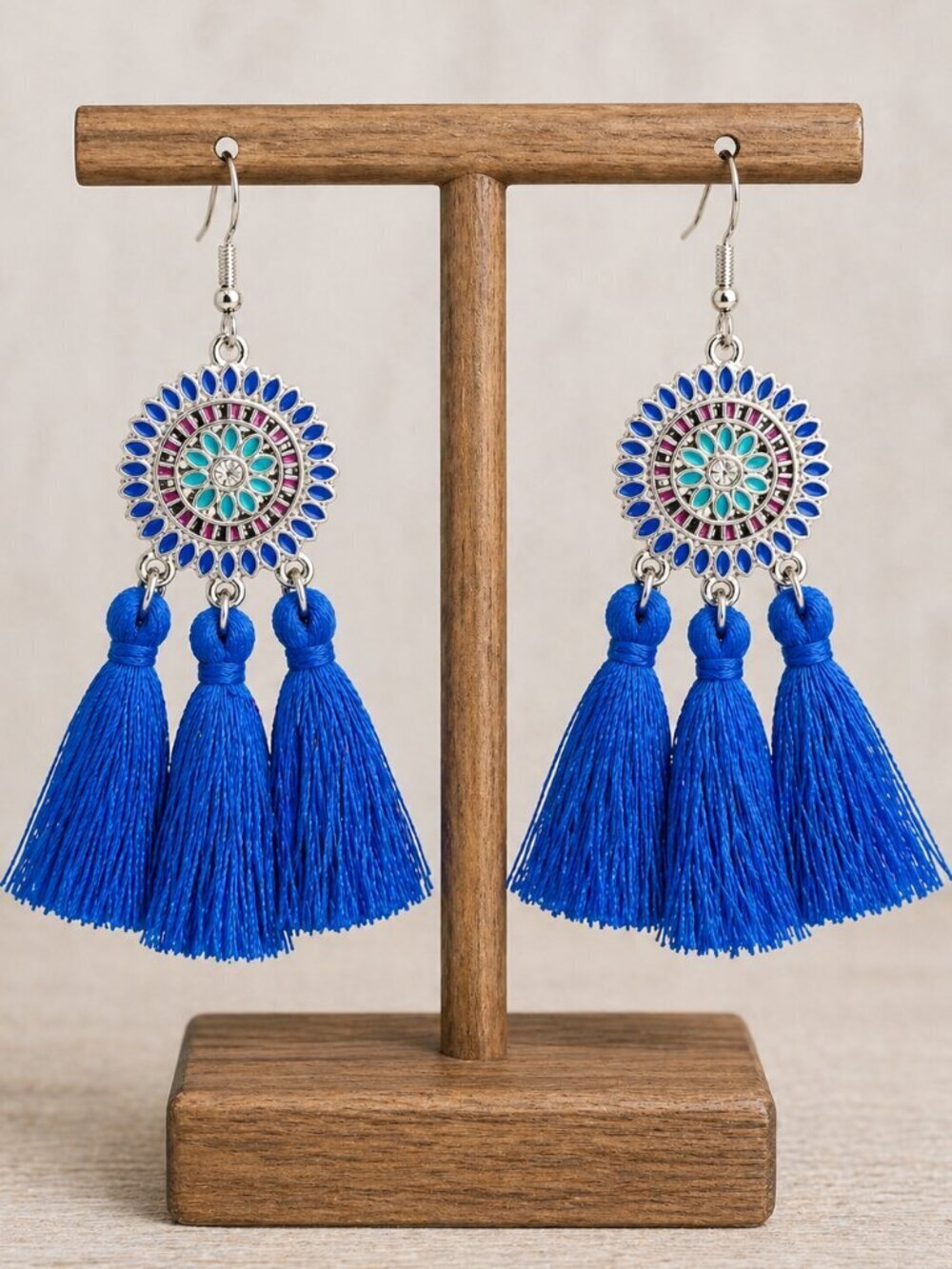 Bohemian Flower Tassel Fringe Drop Earrings Blue - Picture 3 of 6